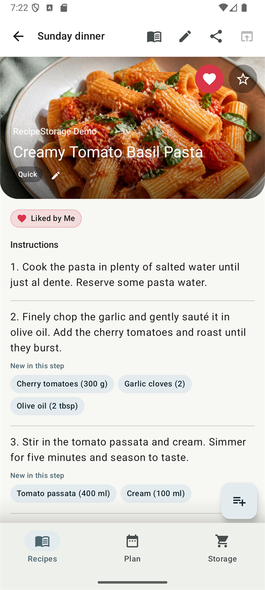 Rezeptansicht mit Foto, Zutaten und Zubereitung